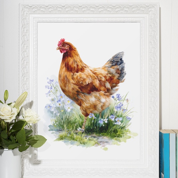 Watercolor Brown Hen with Wildflowers Portrait Wall Art Print Poster Unframed - Picture 6 of 6